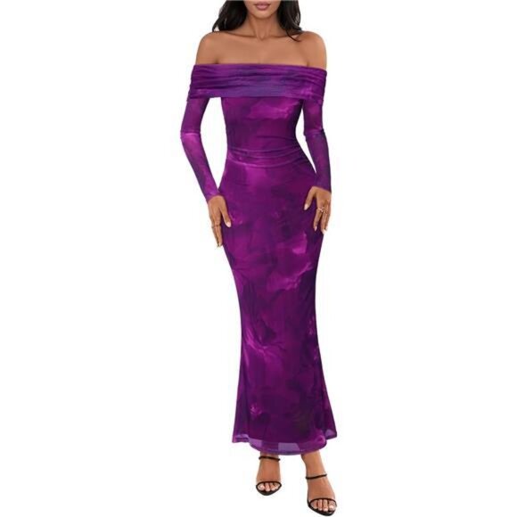 Women's Off Shoulder Floral Maxi Dress Purple - Picture 1 of 4
